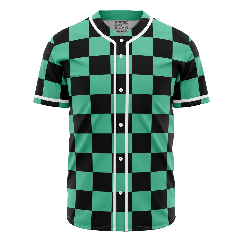 Trendy Green Checkered Baseball Jersey – Stylish Button-Up Shirt For Anime Fans
