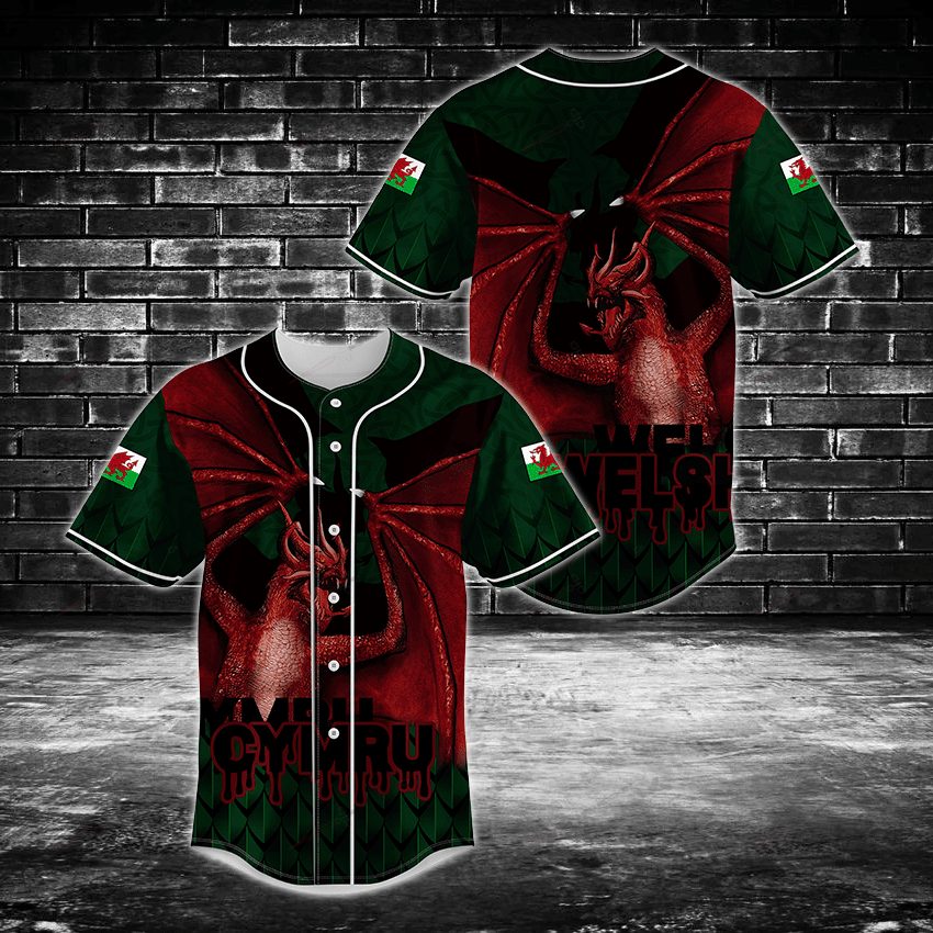 Welsh Dragon Baseball Jersey - Bold Red &amp; Green Design, Unisex Sportswear