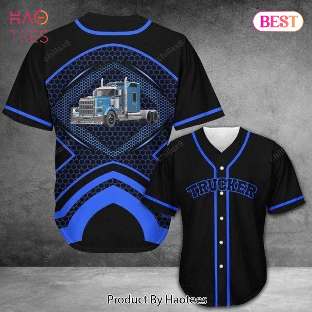 Stylish Trucker Baseball Jersey - Blue &amp; Black Graphic Design For Truck Enthusiasts