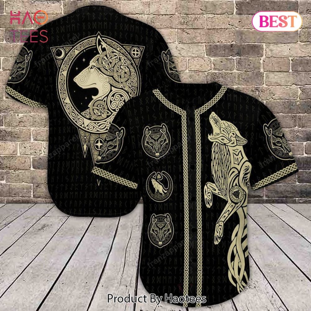 Men'S Viking Wolf Baseball Jersey - Norse Mythology Print, Black &amp; Gold, Short Sleeve Shirt
